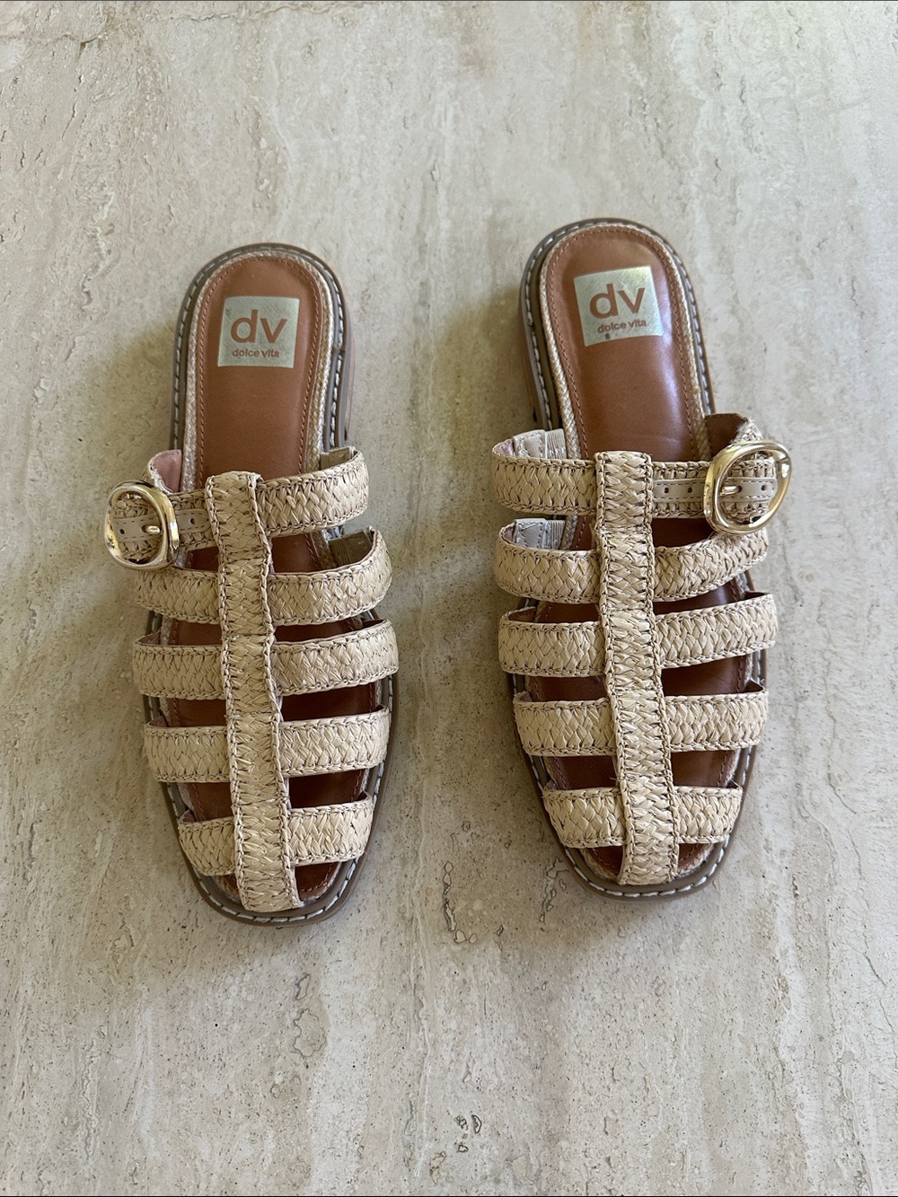 DV by Dolce Vita Natural Braided Slide Mules with Gold Buckles
